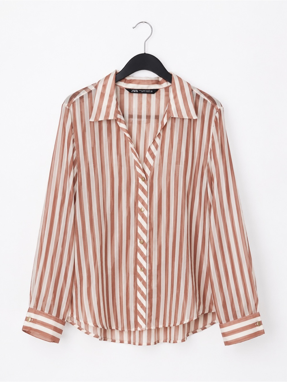 Zara Sheer Striped Button Up Blouse Medium Blush Cream Relaxed M - Picture 4 of 11